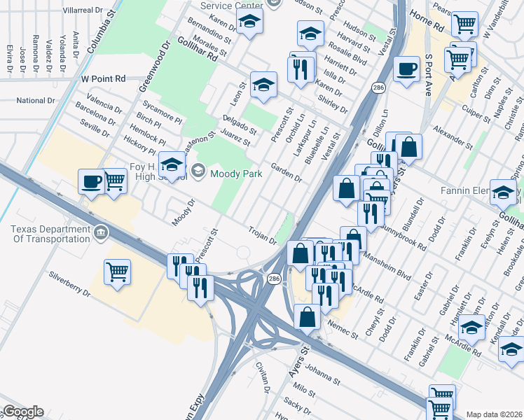map of restaurants, bars, coffee shops, grocery stores, and more near 4810 Larkspur Lane in Corpus Christi
