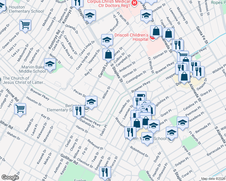 map of restaurants, bars, coffee shops, grocery stores, and more near 3901 Stirman Street in Corpus Christi