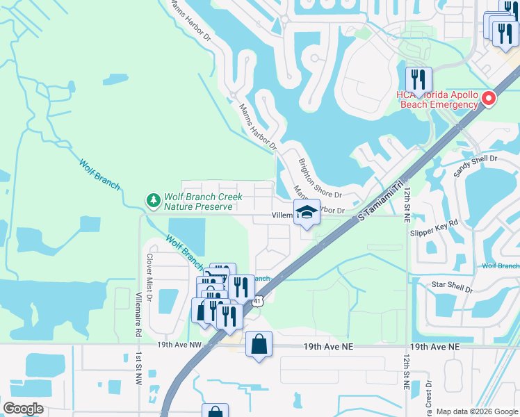 map of restaurants, bars, coffee shops, grocery stores, and more near 406 Winterside Dr in Apollo Beach