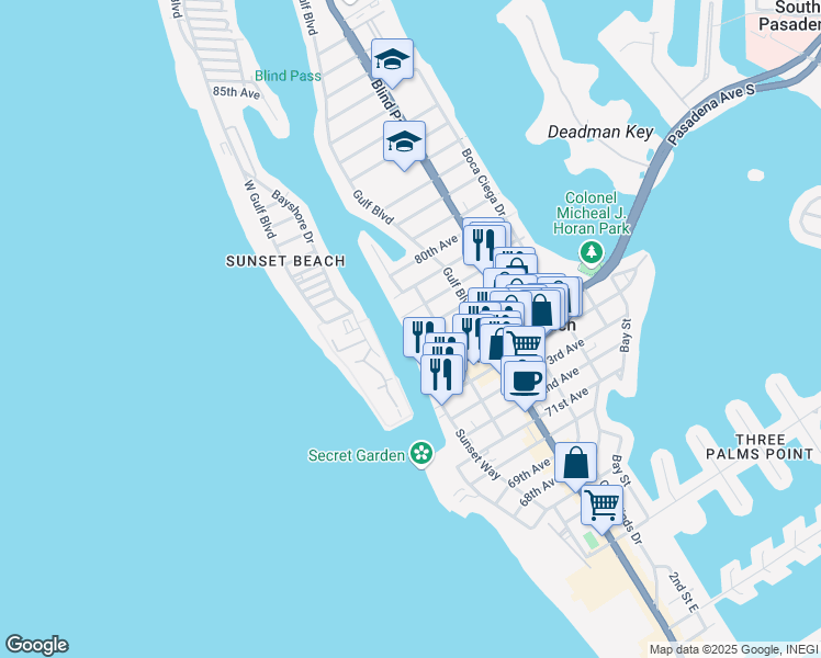 map of restaurants, bars, coffee shops, grocery stores, and more near 655 77th Avenue in St. Pete Beach