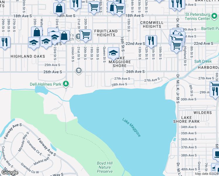 map of restaurants, bars, coffee shops, grocery stores, and more near 1640 28th Avenue South in St. Petersburg