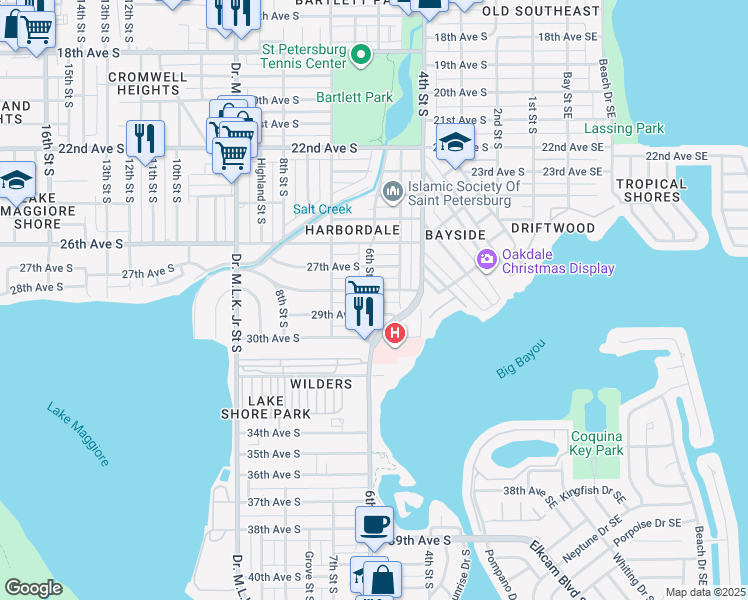 map of restaurants, bars, coffee shops, grocery stores, and more near 2825 6th Street South in St. Petersburg