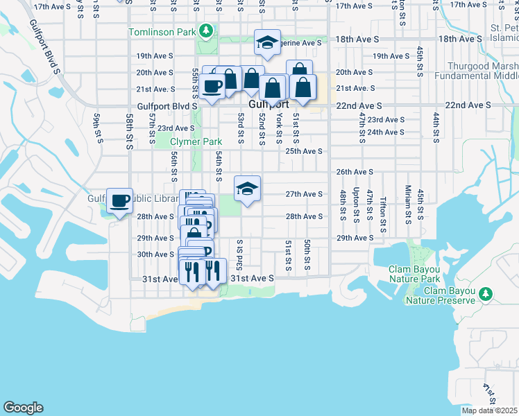 map of restaurants, bars, coffee shops, grocery stores, and more near 2721 52nd Street South in Gulfport