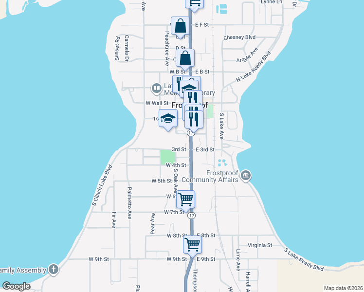 map of restaurants, bars, coffee shops, grocery stores, and more near 3 East 3rd Street in Frostproof