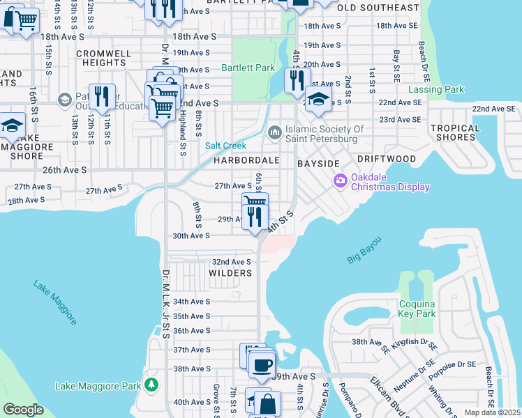 map of restaurants, bars, coffee shops, grocery stores, and more near 2825 6th Street South in St. Petersburg