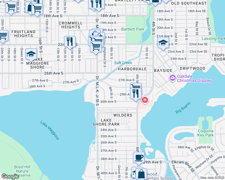 map of restaurants, bars, coffee shops, grocery stores, and more near 775 29th Avenue South in St. Petersburg