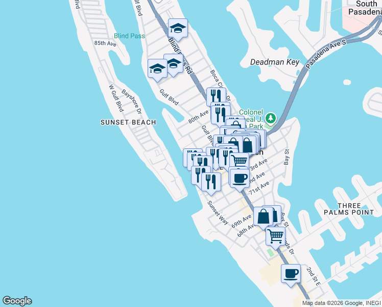 map of restaurants, bars, coffee shops, grocery stores, and more near 655 77th Avenue in St. Pete Beach