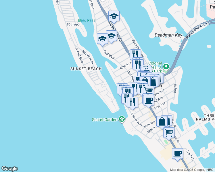 map of restaurants, bars, coffee shops, grocery stores, and more near 7545 Bayshore Drive in Treasure Island
