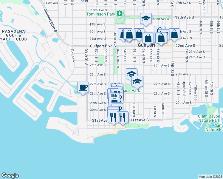 map of restaurants, bars, coffee shops, grocery stores, and more near 2719 Beach Boulevard South in Gulfport