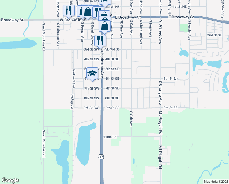 map of restaurants, bars, coffee shops, grocery stores, and more near 709 South Lanier Avenue in Fort Meade