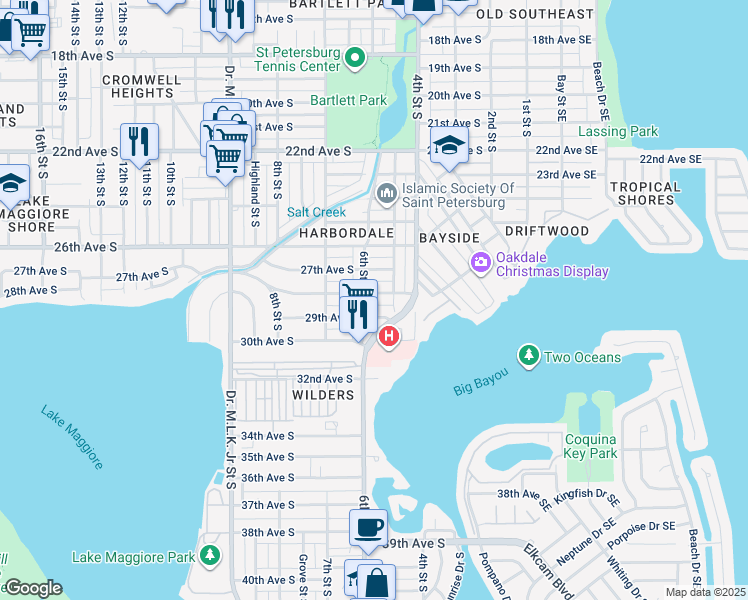 map of restaurants, bars, coffee shops, grocery stores, and more near 2825 6th Street South in St. Petersburg