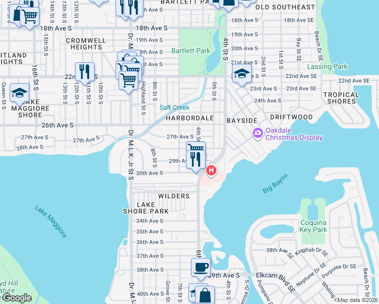 map of restaurants, bars, coffee shops, grocery stores, and more near 2825 6th Street South in St. Petersburg