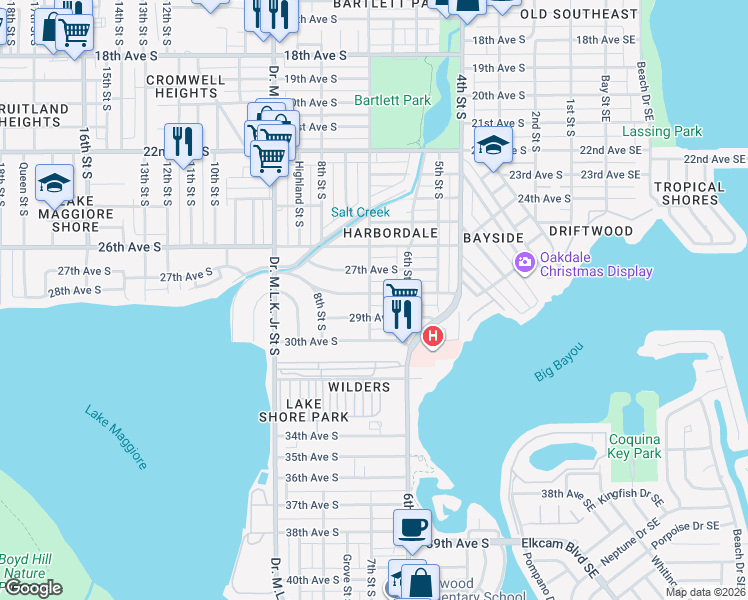 map of restaurants, bars, coffee shops, grocery stores, and more near 725 29th Avenue South in St. Petersburg