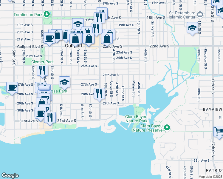 map of restaurants, bars, coffee shops, grocery stores, and more near 2706 Upton Street South in Gulfport