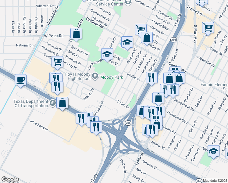 map of restaurants, bars, coffee shops, grocery stores, and more near 4825 Orchid Lane in Corpus Christi