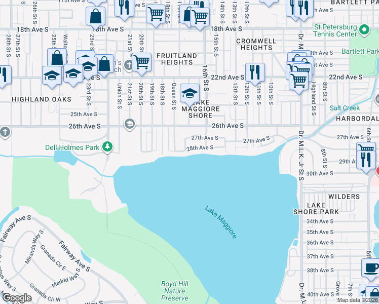 map of restaurants, bars, coffee shops, grocery stores, and more near 1640 28th Avenue South in St. Petersburg