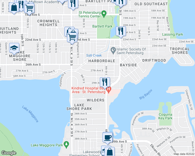 map of restaurants, bars, coffee shops, grocery stores, and more near 725 29th Avenue South in St. Petersburg