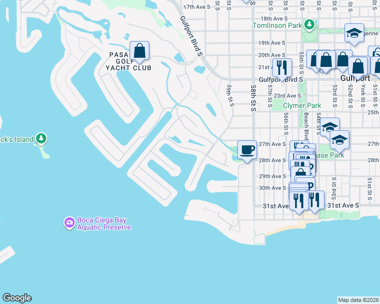 map of restaurants, bars, coffee shops, grocery stores, and more near 5918 Skimmer Point Boulevard South in Gulfport