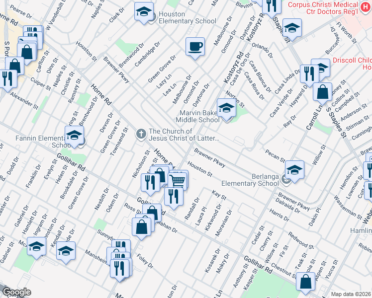 map of restaurants, bars, coffee shops, grocery stores, and more near in Corpus Christi