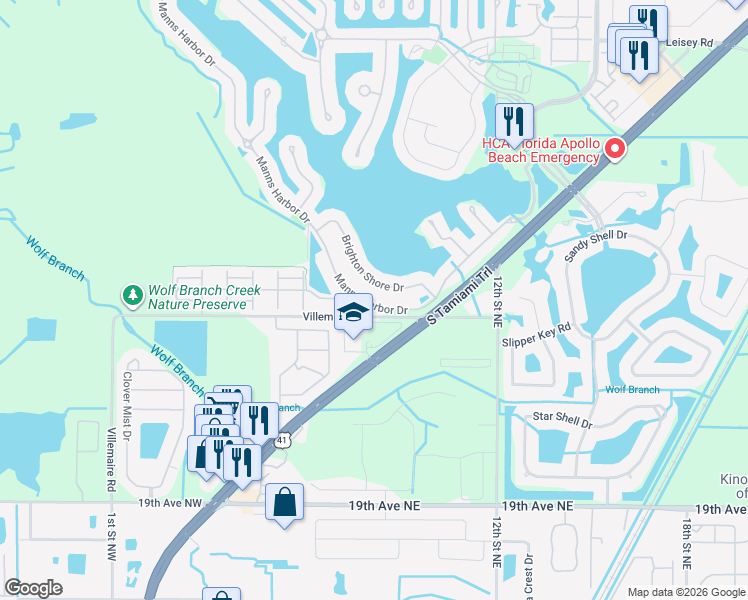 map of restaurants, bars, coffee shops, grocery stores, and more near 523 Manns Harbour Drive in Apollo Beach