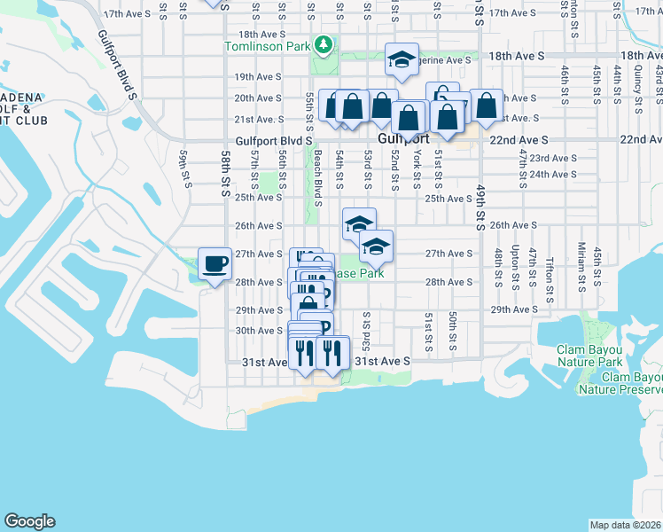 map of restaurants, bars, coffee shops, grocery stores, and more near 5407 28th Avenue South in Gulfport