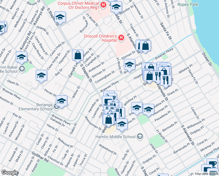 map of restaurants, bars, coffee shops, grocery stores, and more near 3722 Pope Drive in Corpus Christi