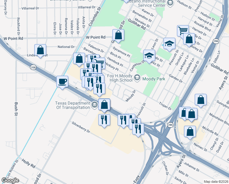 map of restaurants, bars, coffee shops, grocery stores, and more near 1720 Fountain Street in Corpus Christi