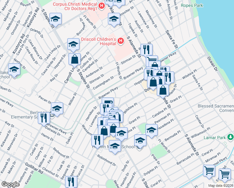 map of restaurants, bars, coffee shops, grocery stores, and more near 3714 Pope Drive in Corpus Christi