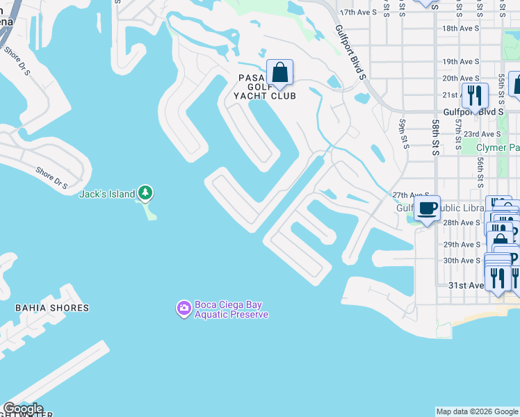 map of restaurants, bars, coffee shops, grocery stores, and more near 2813 Kipps Colony Drive South in Gulfport