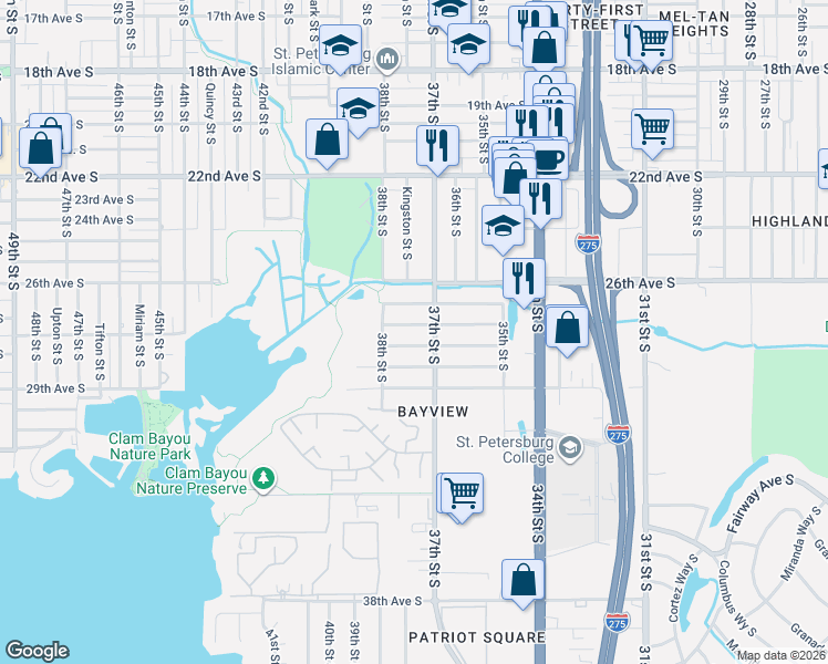 map of restaurants, bars, coffee shops, grocery stores, and more near 3734 Abington Avenue South in St. Petersburg