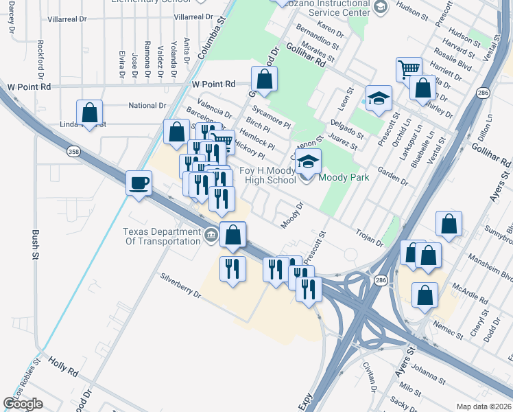 map of restaurants, bars, coffee shops, grocery stores, and more near 1720 Fountain Street in Corpus Christi