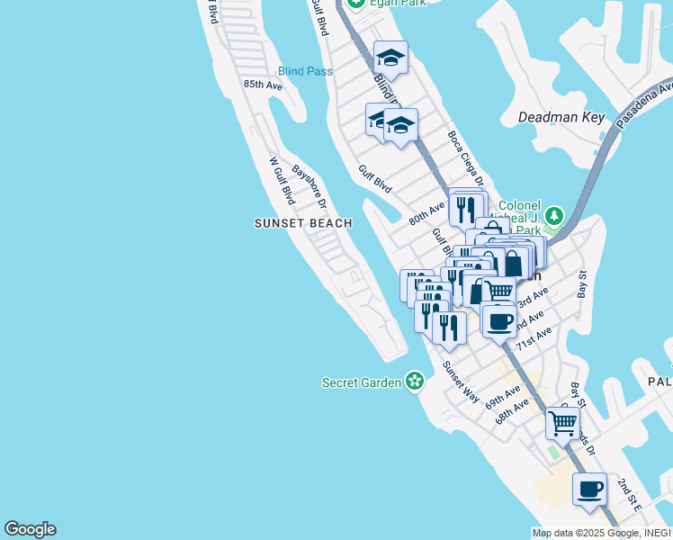 map of restaurants, bars, coffee shops, grocery stores, and more near 7701 77th Avenue in Treasure Island