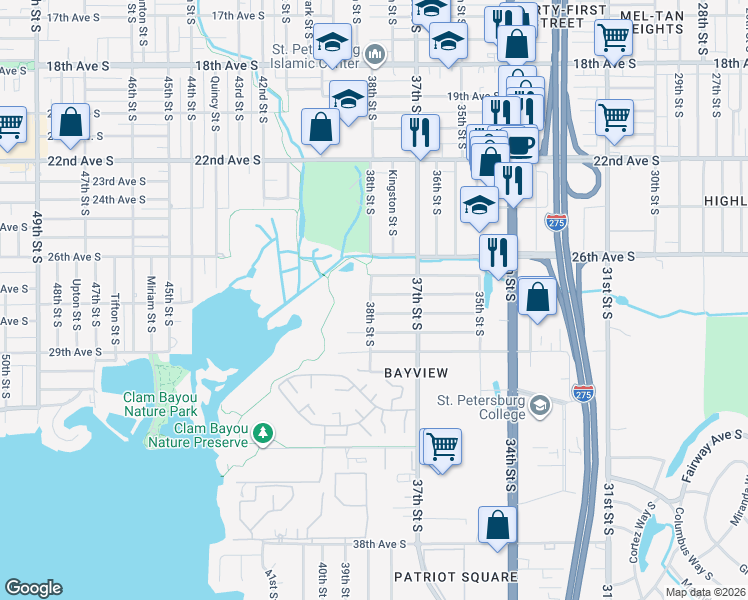 map of restaurants, bars, coffee shops, grocery stores, and more near 3750 28th Avenue South in St. Petersburg