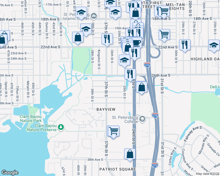map of restaurants, bars, coffee shops, grocery stores, and more near 3698 28th Avenue South in St. Petersburg