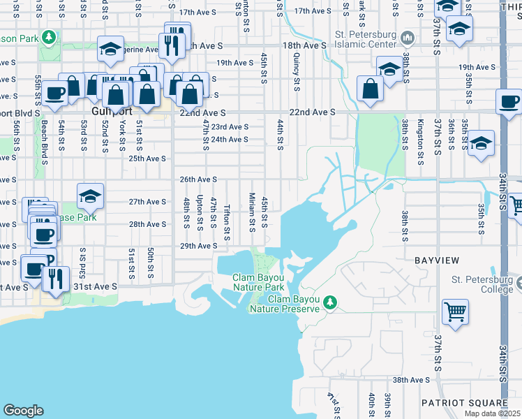 map of restaurants, bars, coffee shops, grocery stores, and more near 2705 Miriam Street South in Gulfport