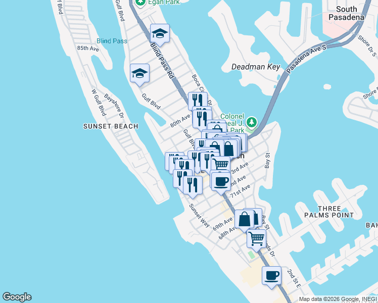 map of restaurants, bars, coffee shops, grocery stores, and more near 517 76th Avenue in St. Pete Beach