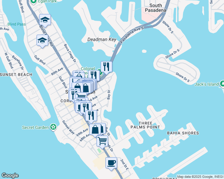 map of restaurants, bars, coffee shops, grocery stores, and more near 7201 Bay Street in St. Pete Beach