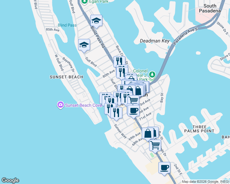 map of restaurants, bars, coffee shops, grocery stores, and more near 517 76th Avenue in St. Pete Beach