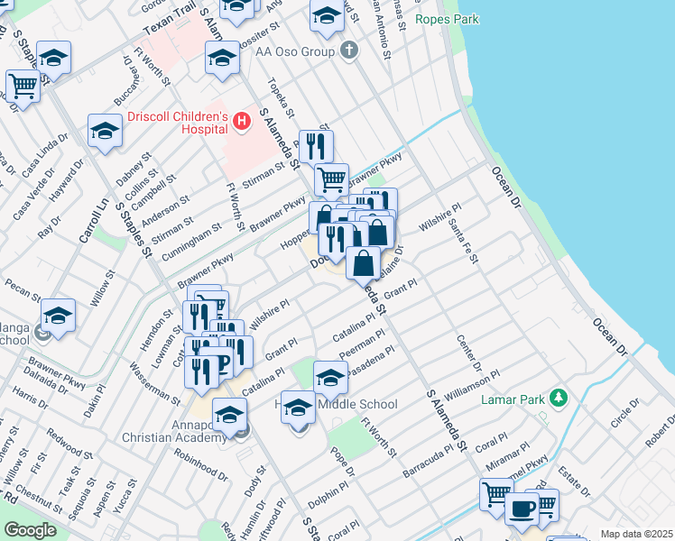 map of restaurants, bars, coffee shops, grocery stores, and more near 514 Delaine Drive in Corpus Christi