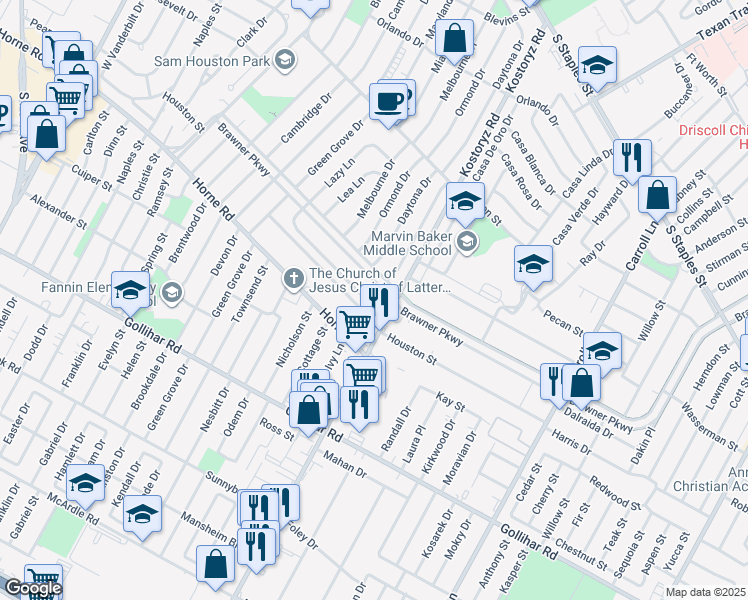 map of restaurants, bars, coffee shops, grocery stores, and more near 3129 Houston Street in Corpus Christi
