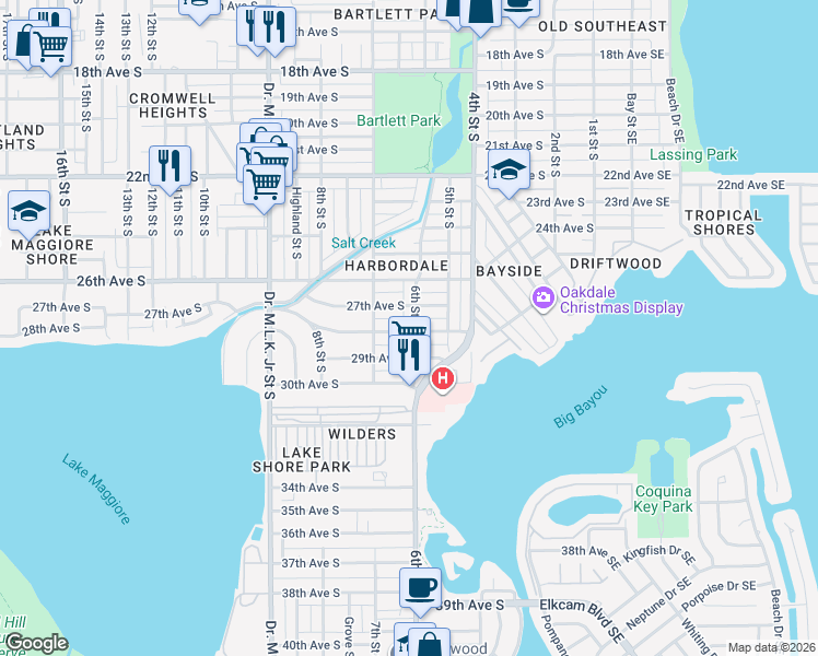 map of restaurants, bars, coffee shops, grocery stores, and more near 2825 6th Street South in St. Petersburg