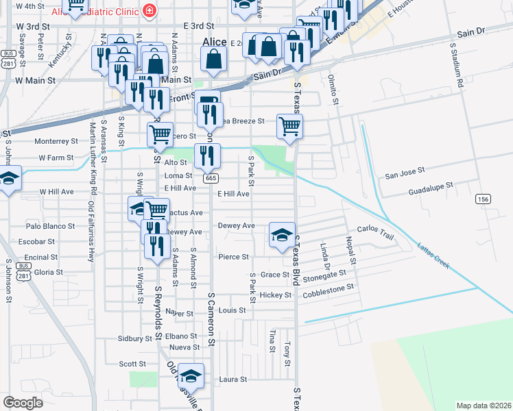 map of restaurants, bars, coffee shops, grocery stores, and more near 909 Dewey Avenue in Alice