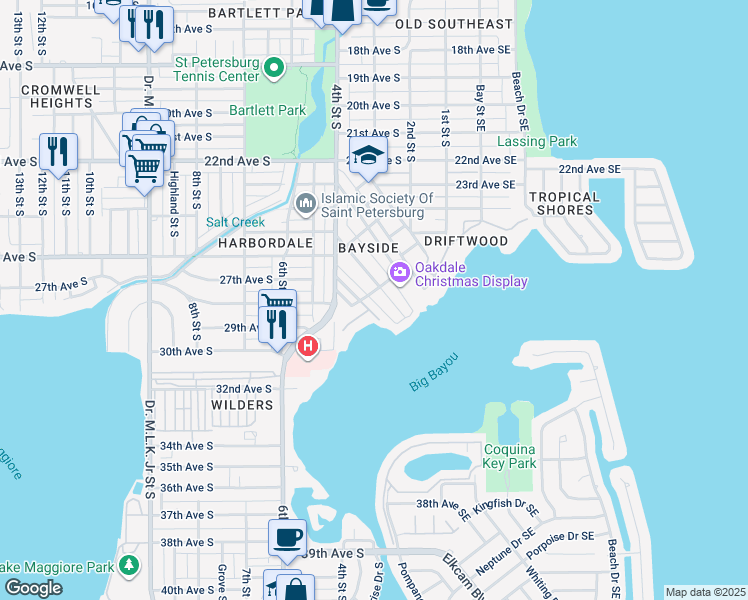 map of restaurants, bars, coffee shops, grocery stores, and more near 2709 Bayside Drive South in St. Petersburg