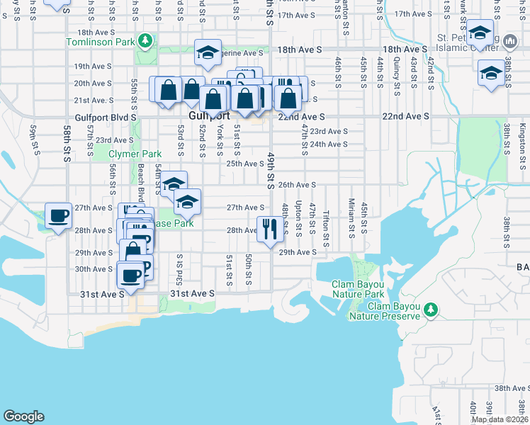 map of restaurants, bars, coffee shops, grocery stores, and more near 2716 49th Street South in Gulfport