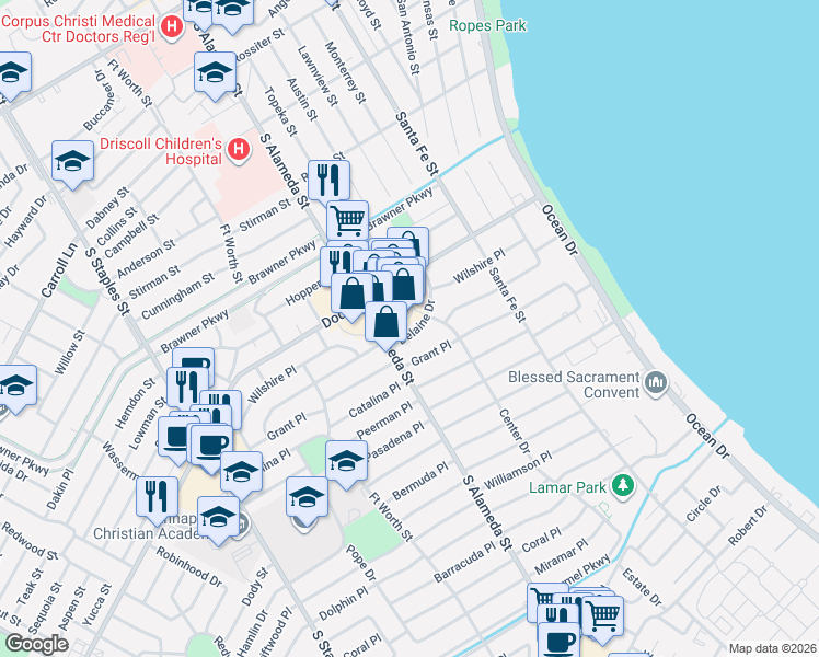 map of restaurants, bars, coffee shops, grocery stores, and more near 473 Delaine Drive in Corpus Christi