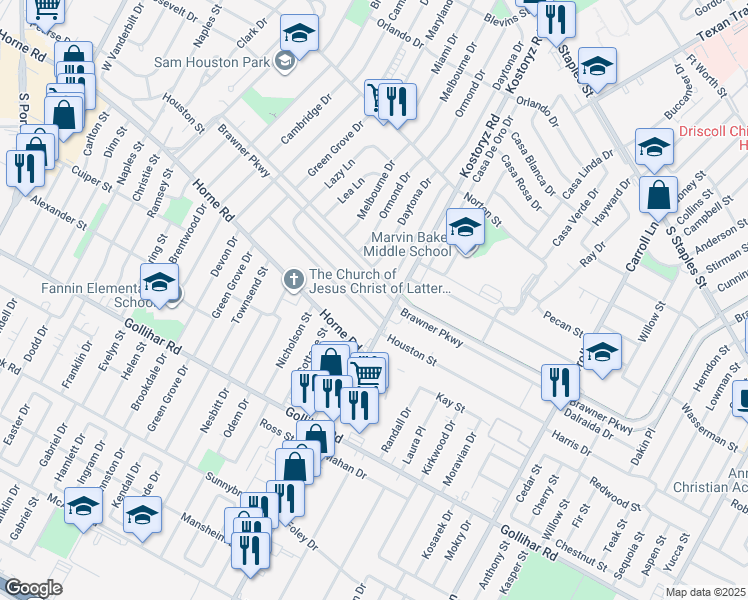 map of restaurants, bars, coffee shops, grocery stores, and more near 3129 Houston Street in Corpus Christi