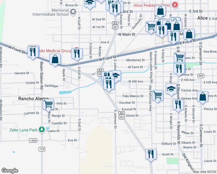 map of restaurants, bars, coffee shops, grocery stores, and more near in Alice