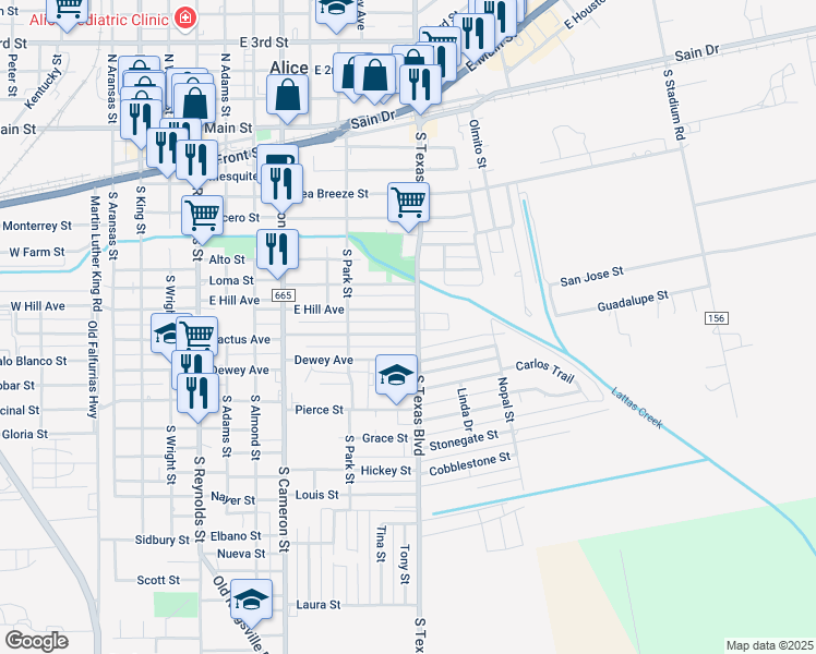 map of restaurants, bars, coffee shops, grocery stores, and more near 941 Dewey Avenue in Alice