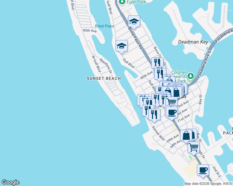 map of restaurants, bars, coffee shops, grocery stores, and more near 44 77th Avenue in Treasure Island