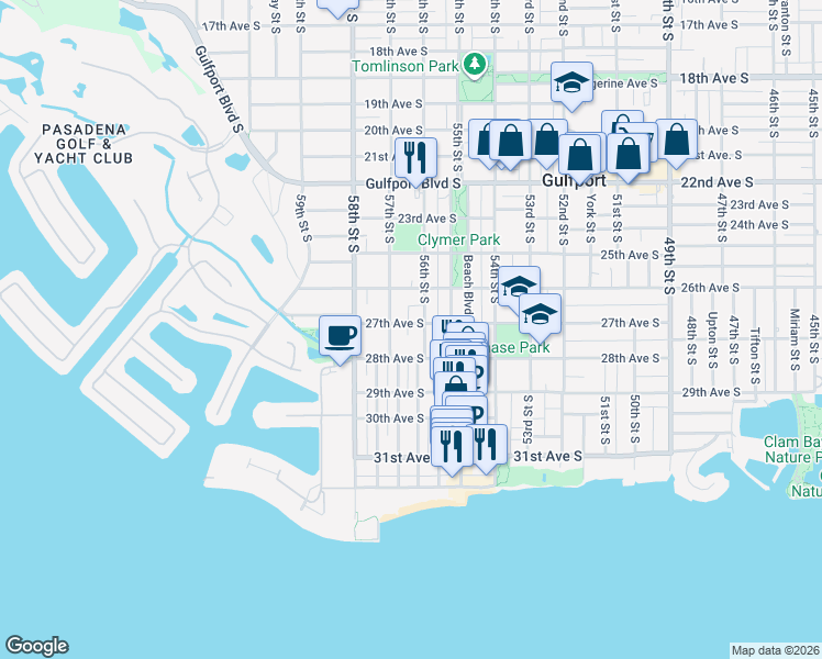 map of restaurants, bars, coffee shops, grocery stores, and more near 5619 28th Avenue South in Gulfport